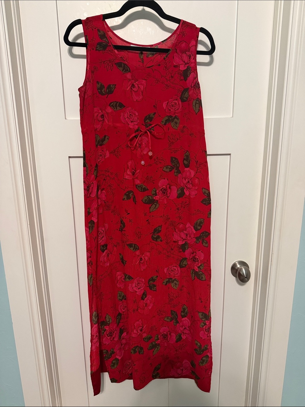 Amanda Smith Vintage 90s Pure Silk Red Floral Maxi Empire Waist Slip Dress